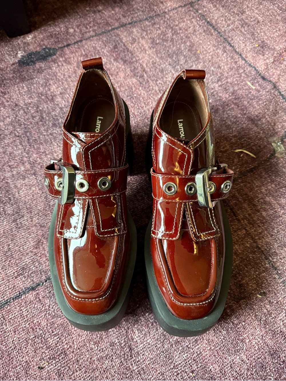 Larroude Burgundy Patent Leather Buckle Loafers